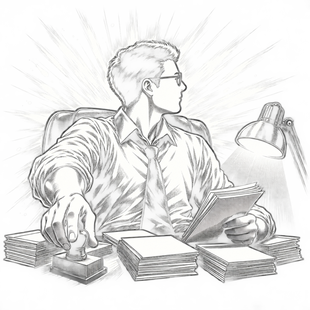 Pencil sketch of Bill at his desk, stamping documents under a lamp