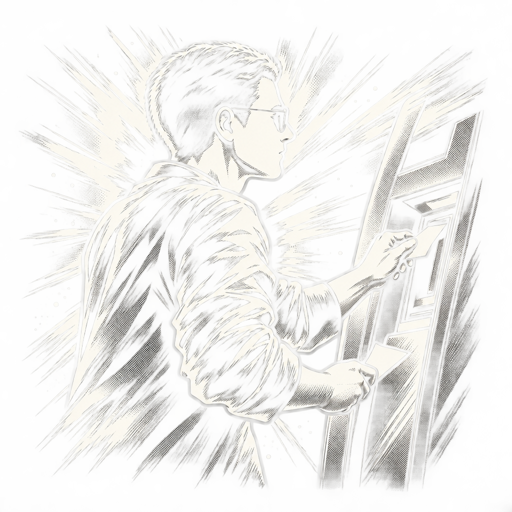 Ink illustration of Bill pressing a stamp against a tall ledger