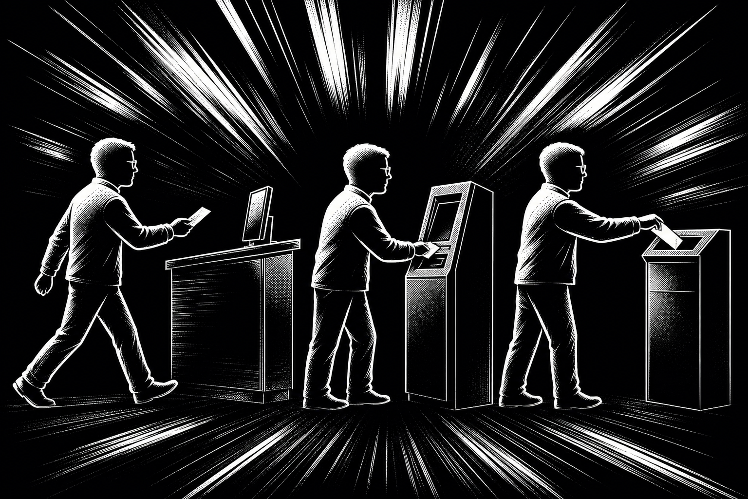 Three panels of a man moving through a counter, a kiosk, and a drop box, ink on black, speed lines trailing behind him